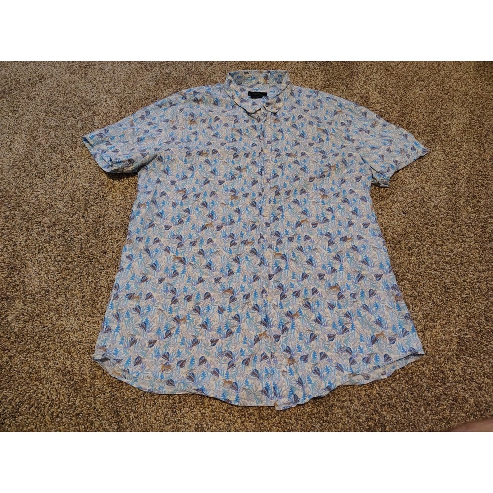 Zara Mens XL Slim Fit Short Sleeve Tropical Animal Print Button Down Shirt Blue
